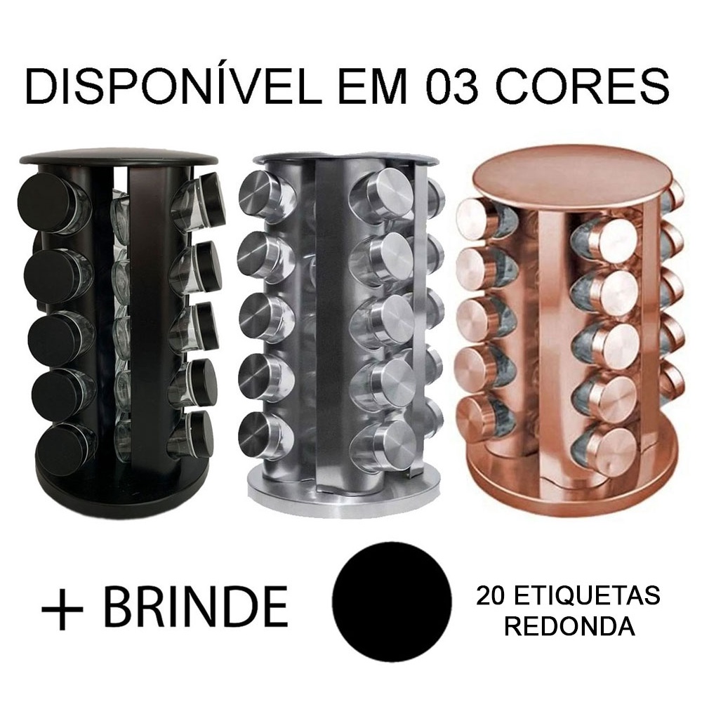 Porta Tempero Inox 20 Potes Suporte Giratório + Etiquetas