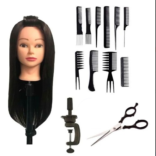 Cabeça Sintética Castanho Escuro + Suporte + Tesoura  Kit Pentes em Oferta na Shopee