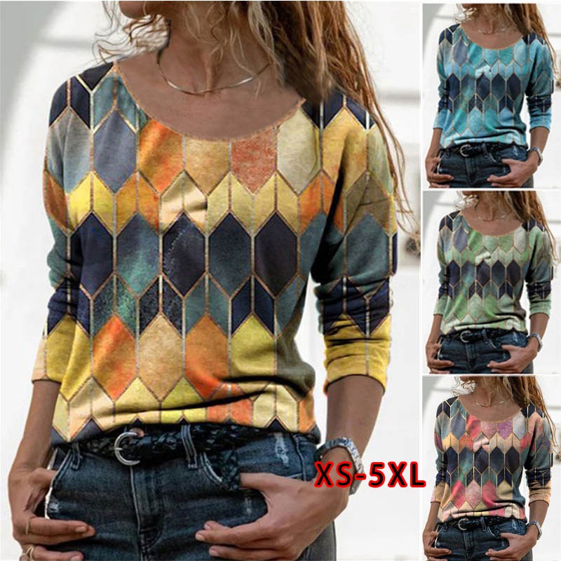 Camiseta/Túnica Feminina Folgada De Mangas Compridas Com Gola Redonda/Estampa/Casual Para Primavera/Outono