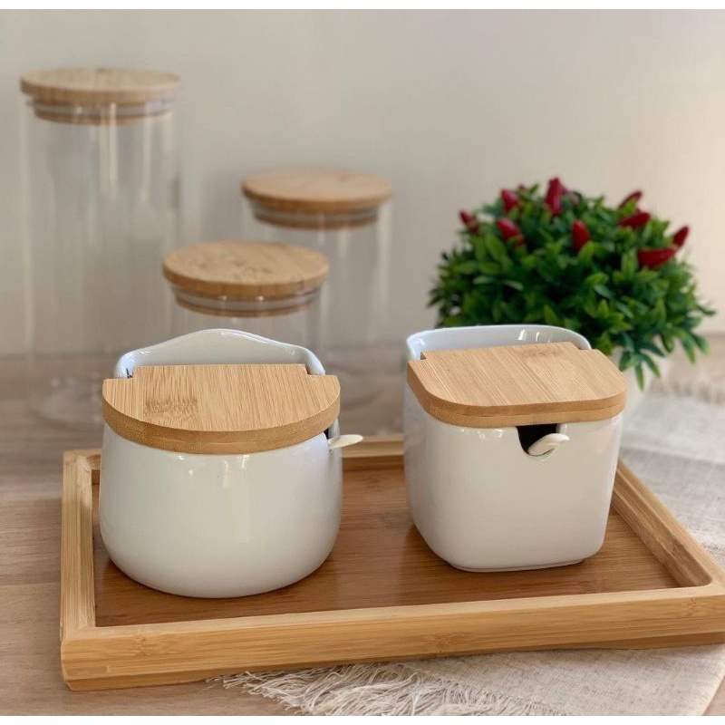 Saleiro Porta Condimento Porcelana C/ Colher Tampa De bambu ( Com variacoes )