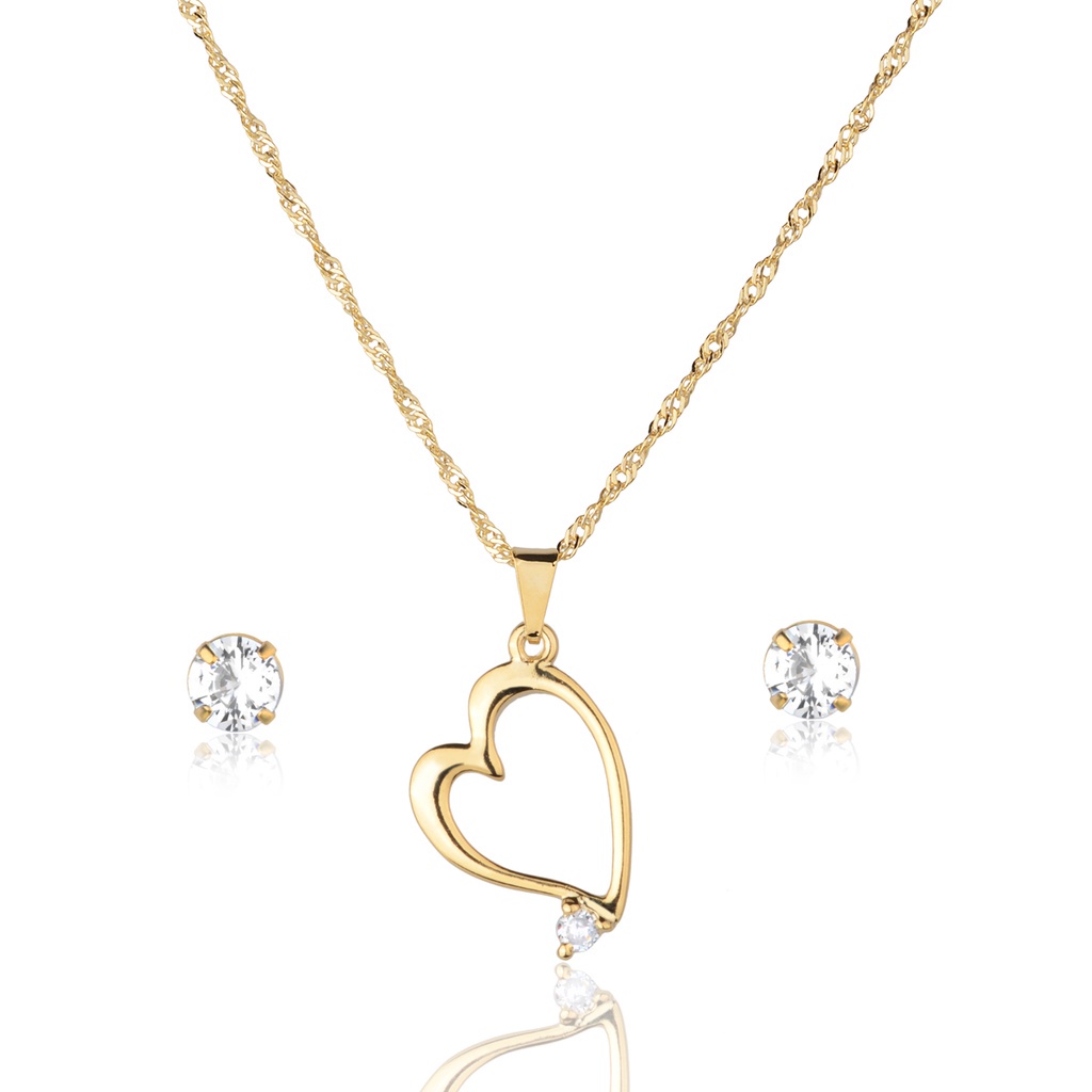 Kit Conjunto de Semijoia com Zircônia Redonda e Pingente Coração Banhado a Ouro 18K Original Presente Moda CJ6514 em Oferta na Shopee