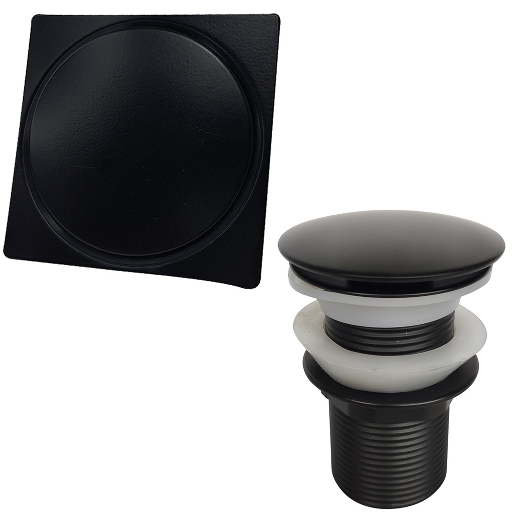 Kit Tampa Ralo Click 10x10 preto E Valvula Click 1 1/4 preta Pia Inox Para Banheiro Conjunto 2 Peças