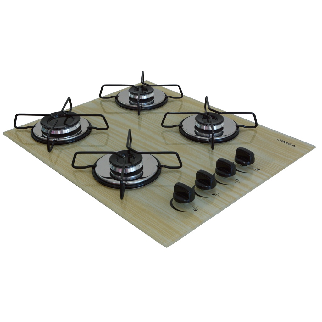 Fogão de Mesa Cooktop À Gás 4 Bocas AMADEIRADO CLARO Chamalar Ultra Chama Vidro Bivolt