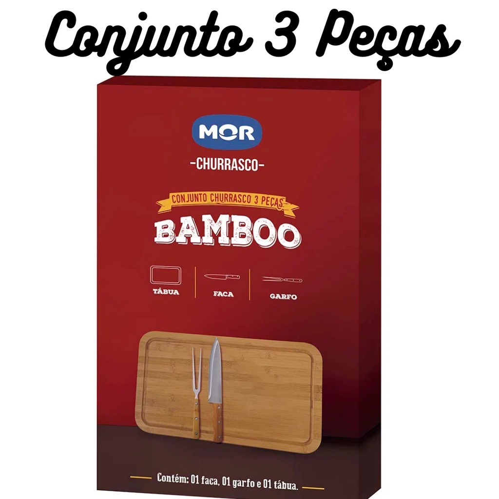 Conjunto Churrasco Faca e Garfo Bamboo Tábua 30x50cm Mor