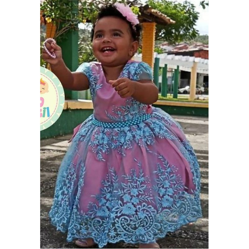 Vestido infantil de renda festa realeza rosa com azul vestido princesa |  Shopee Brasil