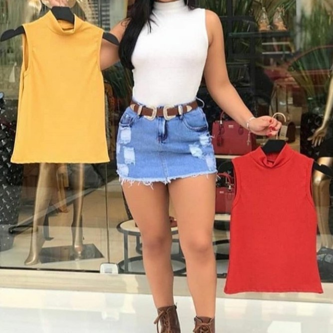 Blusa feminina   gola alta sem manga  malha canelada com elastano moda blogueira