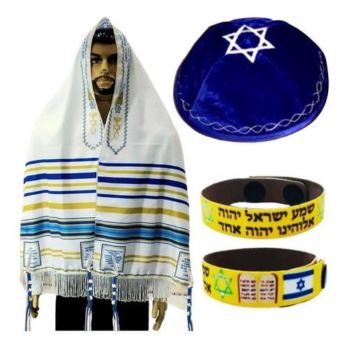 Talit Messiânico Nacional + Tzitzit + Kipá + Pulseira Shemá em Oferta na Shopee