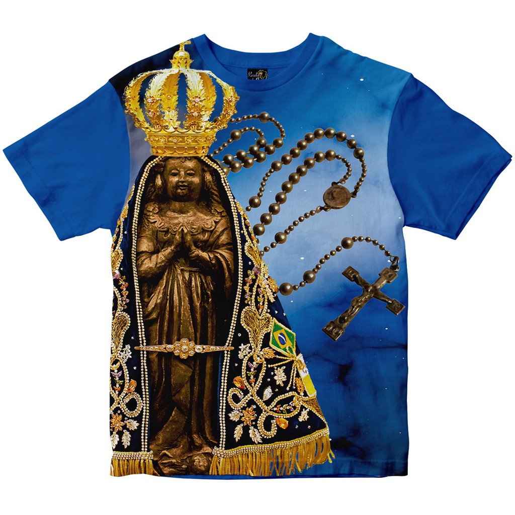 Camiseta Nossa Senhora Aparecida Terço Rainha do Brasil Azul Royal