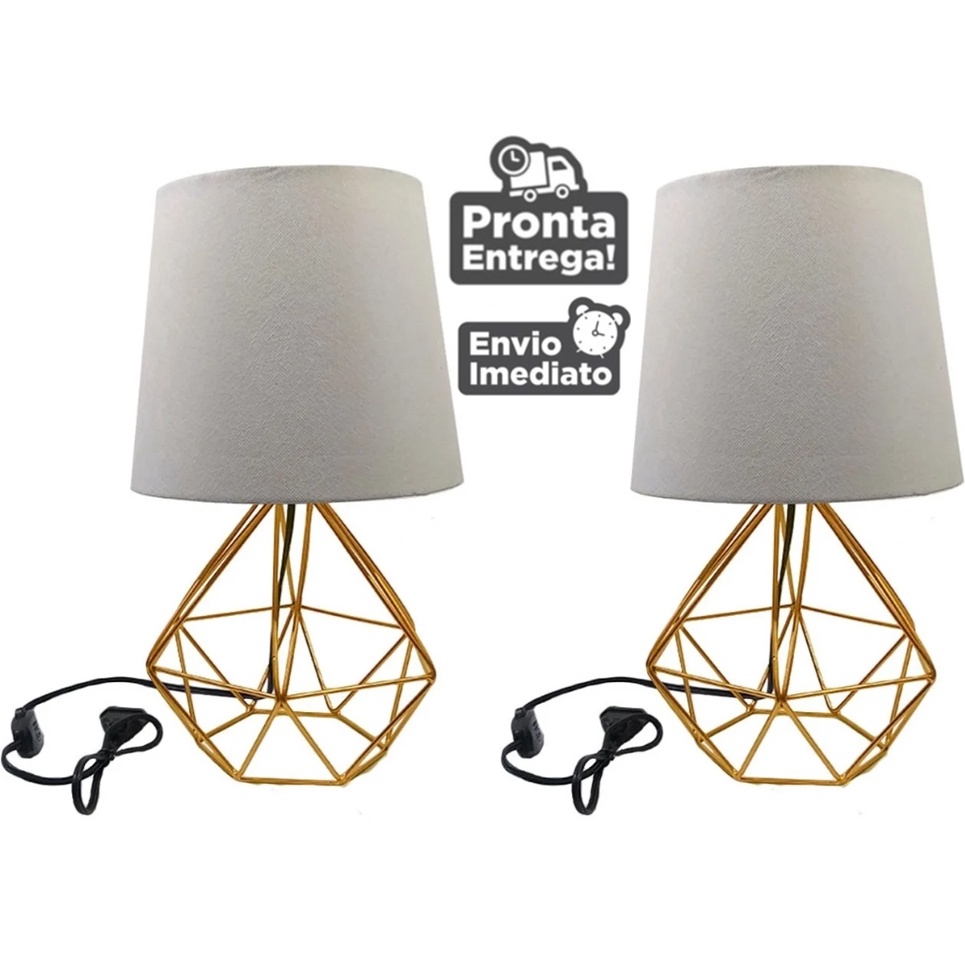 Kit 2 Abajur Luminária Diamante De Mesa Quarto Cúpula Branca Preto Luxo