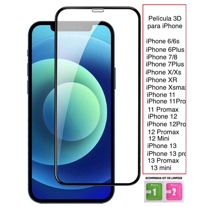 PELÍCULA DE VIDRO 3D PARA tudo iPhone 6/6s/7/8plus/xs/xr/xsmax/11/11pro/11promax/12/12pro/12promax/12mini/13/13pro/13promax/13mini