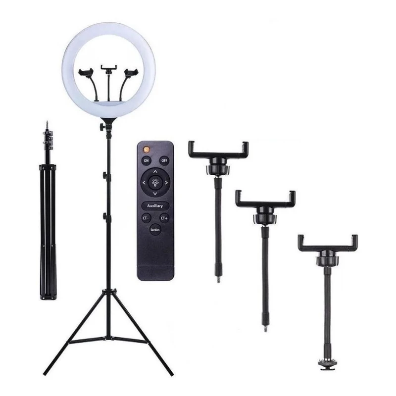 Ring Light 18 Polegadas com Suporte para 3 Celulares e Tripé de 2,10m