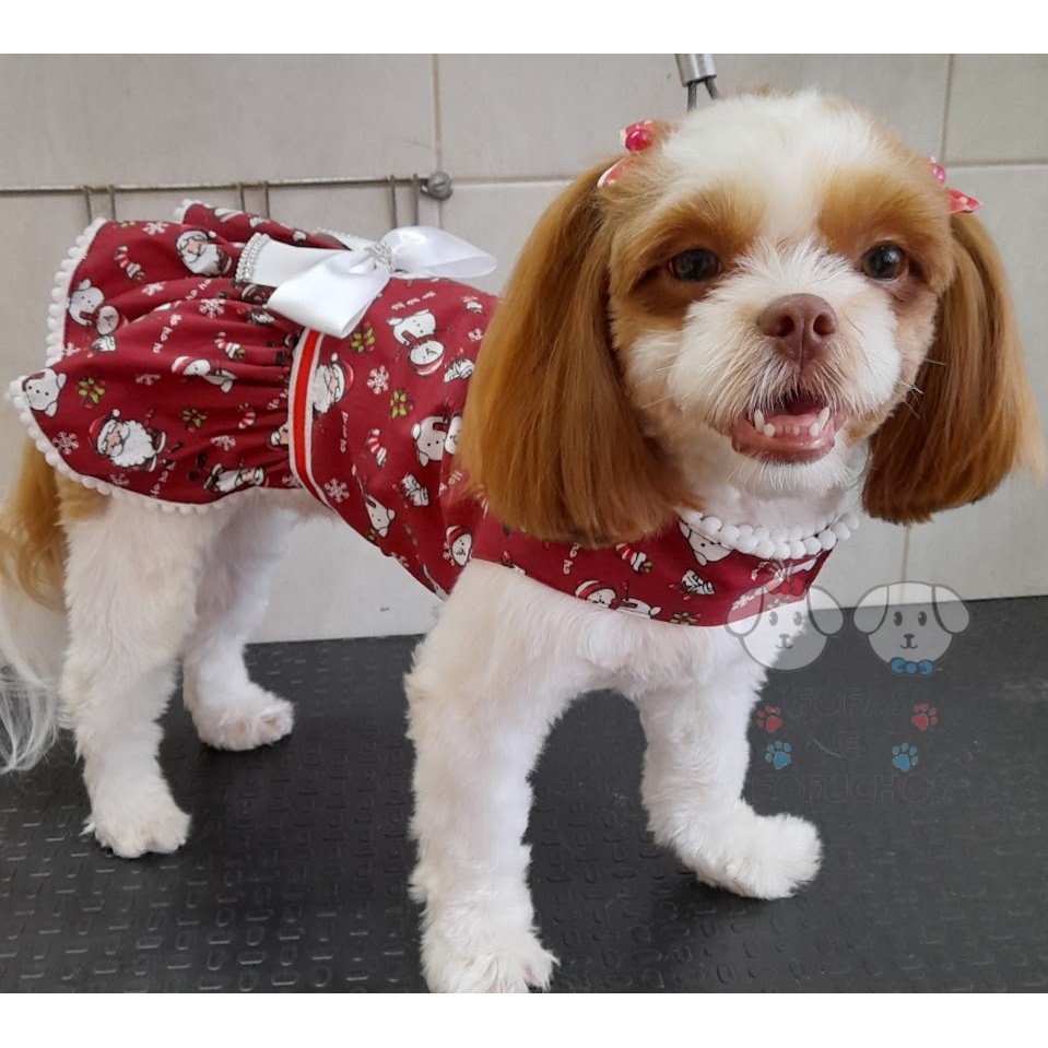 Vestido estampa papai noel laço branco, roupa cachorro papai mamãe noel tamanhos 0 a 6