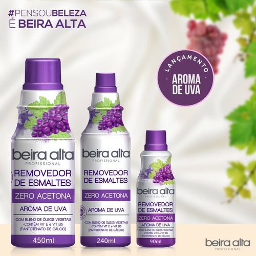 Removedor de Esmaltes Beira Alta Aroma de Uva Zero Acetona - 90ml / 450ml - VIT E e VIT B5 em Oferta na Shopee