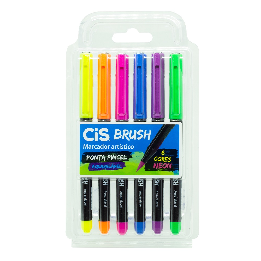 Caneta Brush Pen (Marcador Artístico) Aquarelável CiS - Cores Neon - Estojo 6 UN