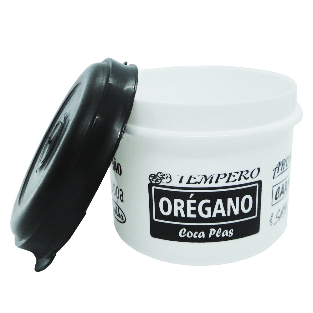 PORTA CONDIMENTO DE PLASTICO REDONDO BRANCO OREGANO COM TAMPA PRETA 350ML