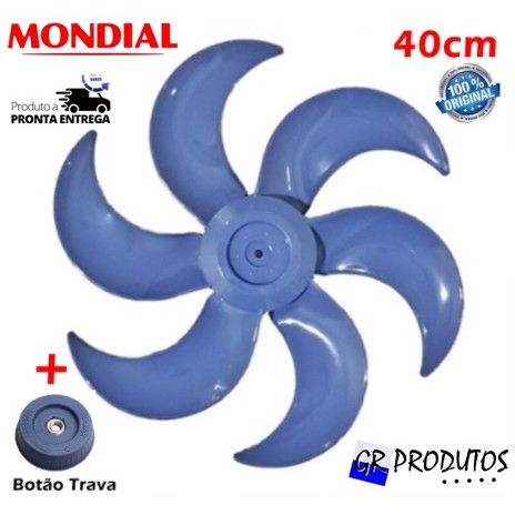 Hélice Mondial + Trava Ventilador 40cm 40 Vt41 V45 Nv-75 ou Maxi Power 6 Pás Azul EIXO Redondo 8mm