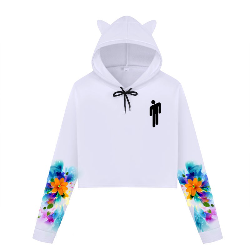 Blusa Cropped de Moletom Mangas Flores Azul e Laranja Billie Elish Boneco A399