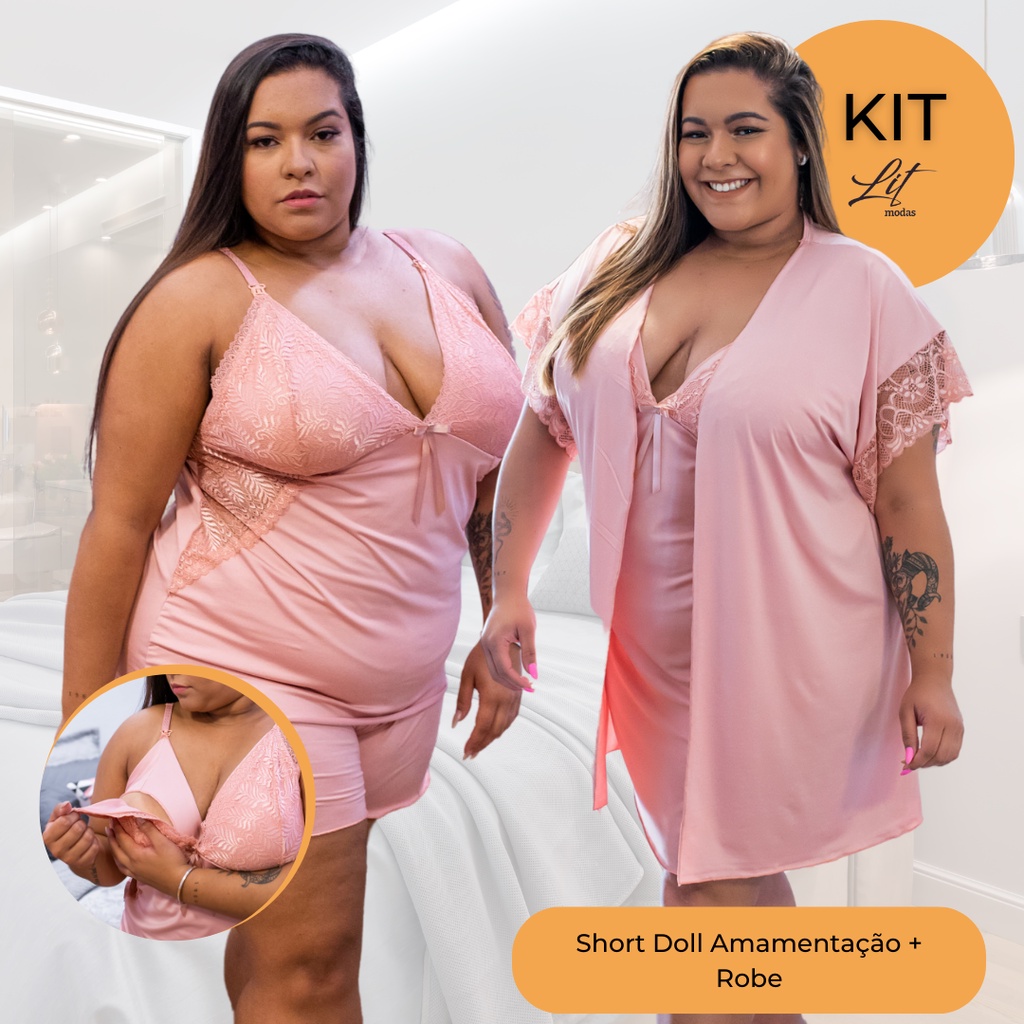 KIT 2 Peças - Robe e Short Doll Plus Size Amamentação Confortável com Renda 50 52 54 56 58  Maternidade - LIT MODAS