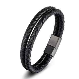 Pulseira De Couro Genuíno Personalidade Dupla Camada Preta Para Homens Acessórios Unissex Jóias