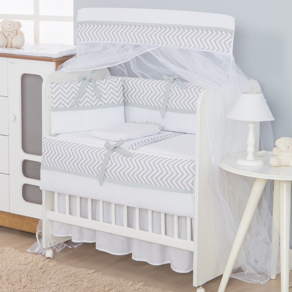 Kit Protetor Para Mini Berço 8 Peças Chevron Cinza