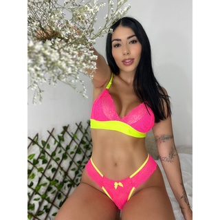Conjunto Neon Feminino Sexy Renda Calcinha Sutiã Letícia