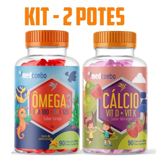 Kit Omega 3 Infantil 90 Cápsulas Sabor Cereja e Calcio Infantil Com Vitaminas D e K 600mg Sabor Morango Medcombo