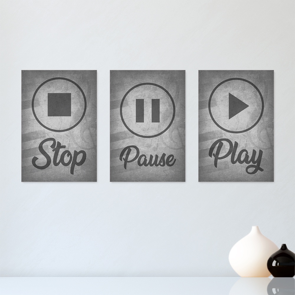 Kit 3 Quadros Decorativos Música Play Pause Stop Casa Quarto Sala Placas Decorativas - 0009ktpl