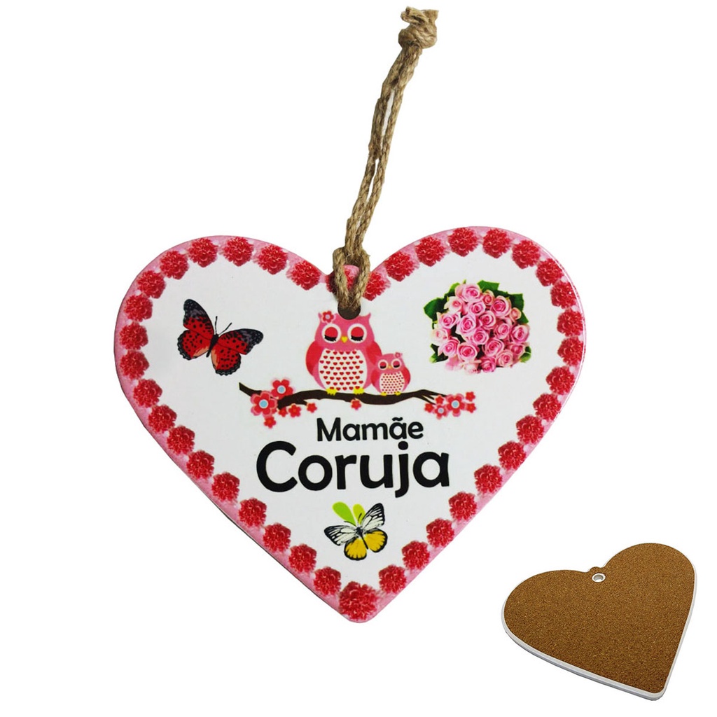 Quadro Plaquinha Coração Porcelana Mamãe Coruja Dia das Mães