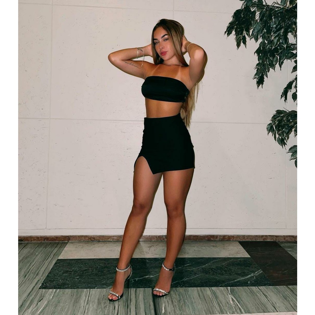 Conjunto Fem Cropped Tomara que caia + Mini Saia Recort