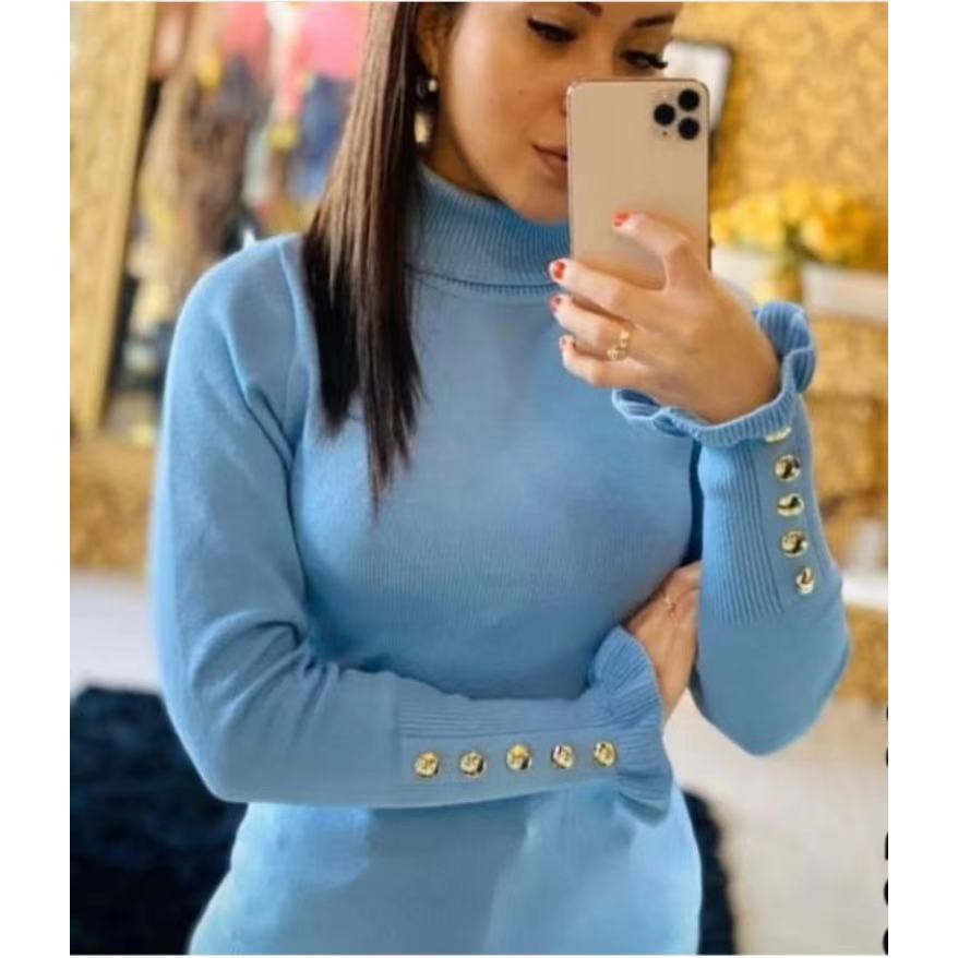 blusa moda feminina tricot linha  Gola chacharrel  manga  botao sueter inverno