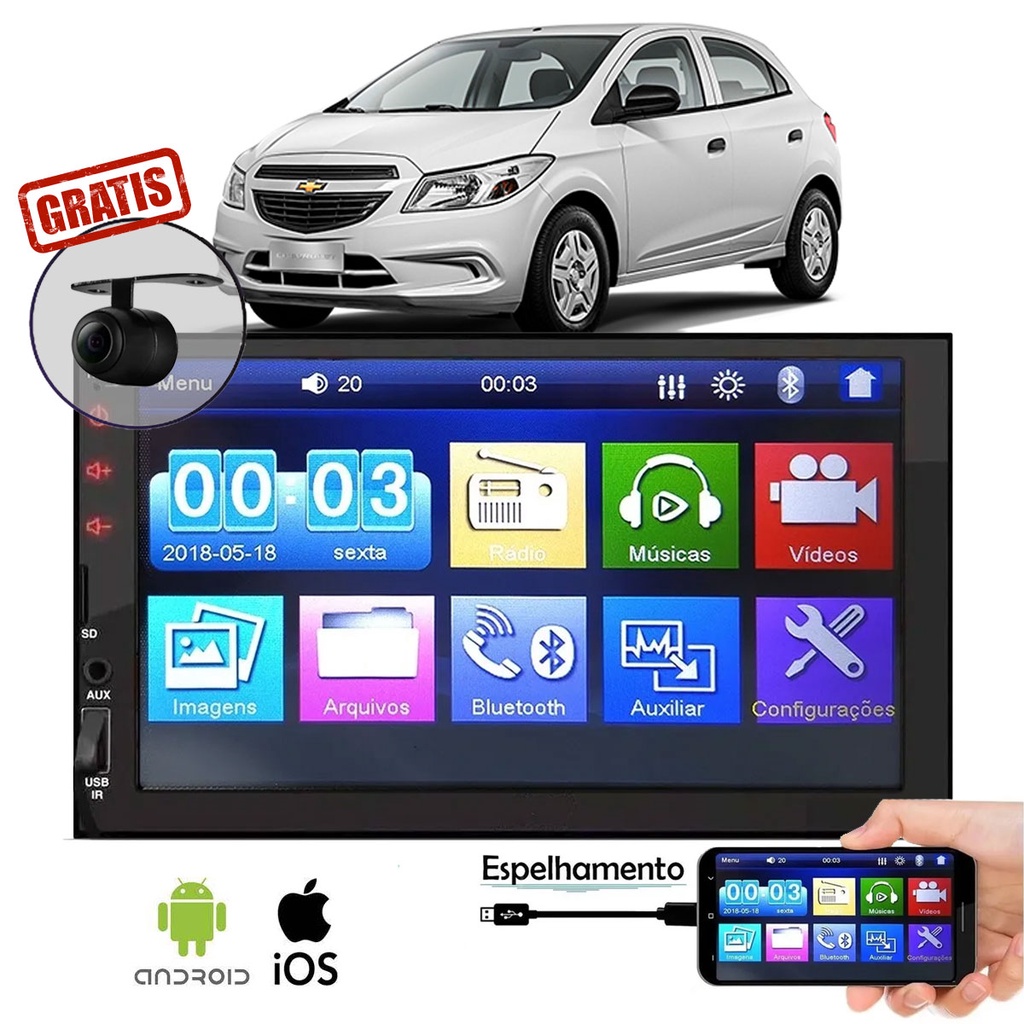 Central Multimídia Mp5 Onix Joy 2012 2014 2015 2016 2017 2018 2019 Câmera Ré Bluetooth Espelha Kit