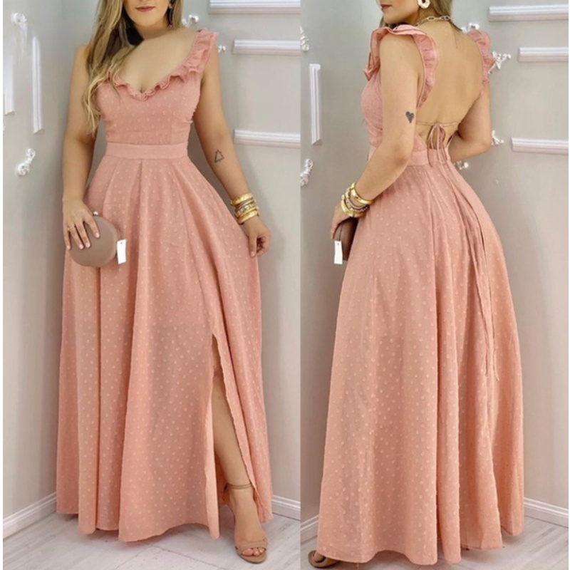 Vestido Longo Feminino Luxo Manga Babado Com Renda Costa Nua Moda Verão LF QZ012