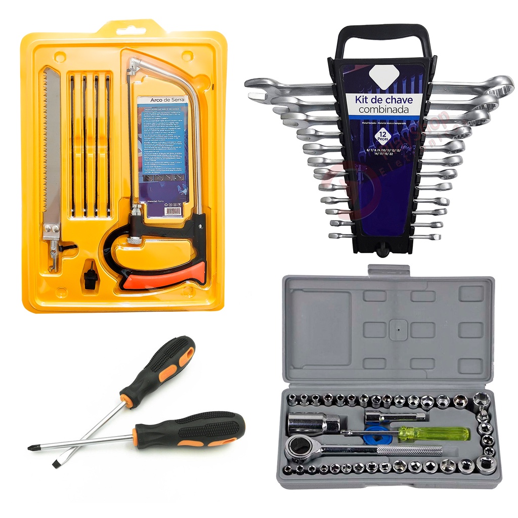 Kit Jogo De Ferramentas Chave Combinada Soquetes Catraca Philips E Fenda Serra Serrote
