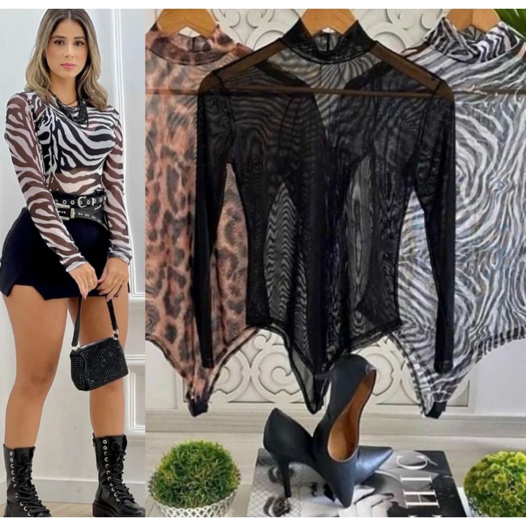 Body Tule Feminino Manga Longa Transparente Bori Tuli Preto onca Zebra