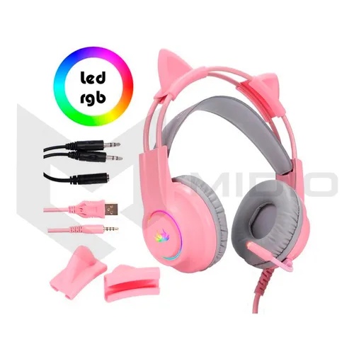 Fone De Ouvido Headset Gamer Gatinho Kp-ga04 Com Fio e Microfone RGB ROSA