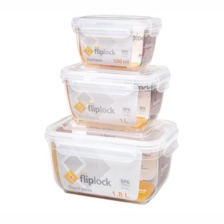 Kit 3 Potes Com Travas Mantimentos Retangulares Alto Plástico Fliplock 550ml /1l / 1.8l