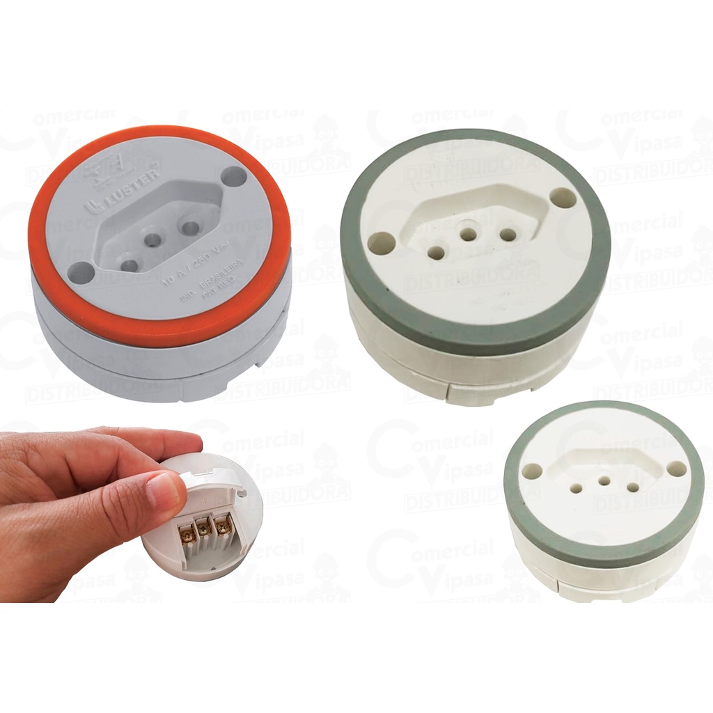 Tomada de Sobrepor Redonda Externa 2P+1T Branco - Cinza 10A 250 V Luster - Home Appliances