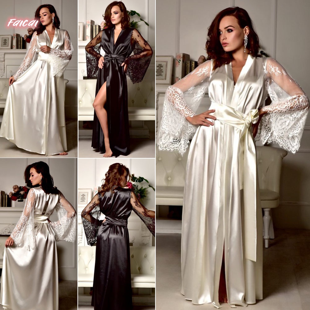 Faicai_ Camisola Longa Feminina De Cetim E Seda E Renda / Robe Sexy ~Bgk