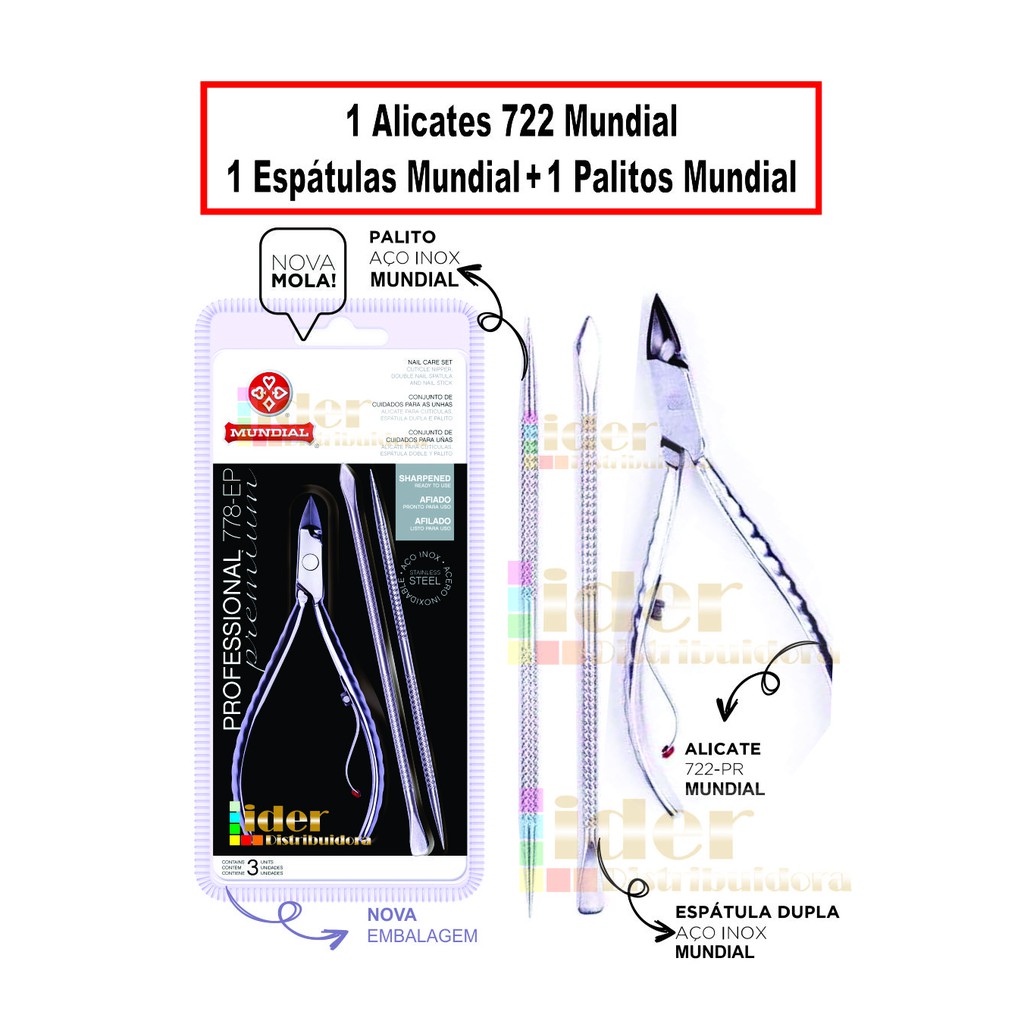Kit 778 Mundial - 1 Alicates 722 + 1 Espátula + 1 Palito em Oferta na Shopee