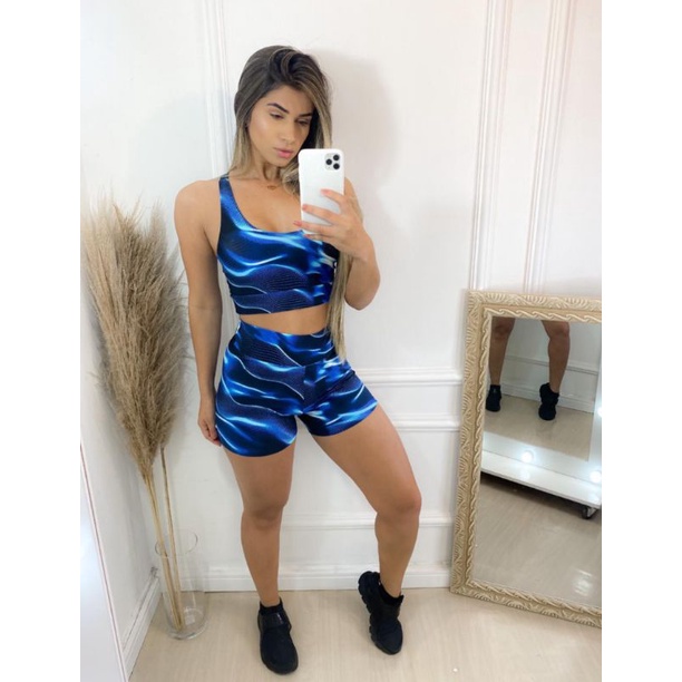 kit 2Conjunto Shorts com Top Estampado Fitness Academia Feminino