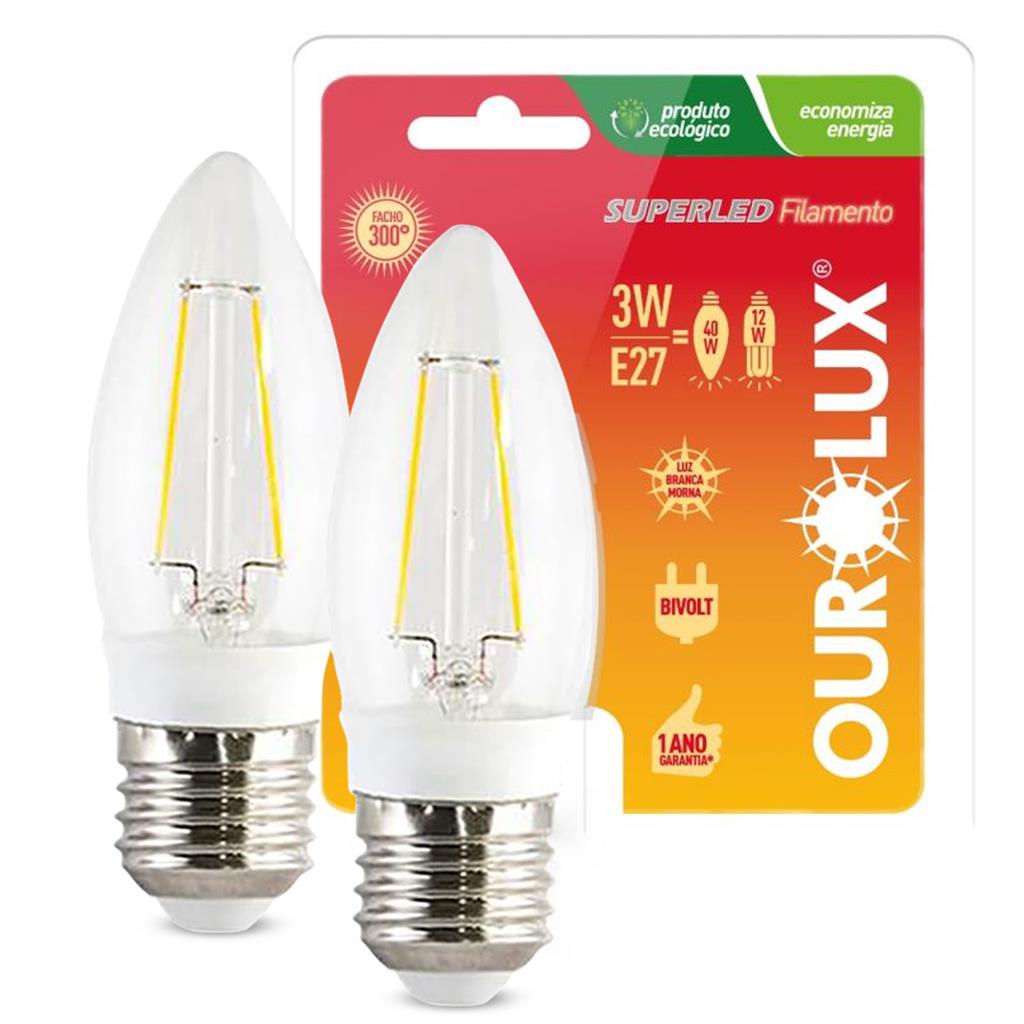 Kit 2 Lampadas Led Filamento Vela 3W Bivolt E27 2700K em Oferta na Shopee