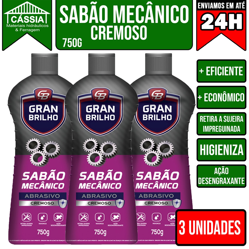 03 Sabão Mecânico Cremoso 750g - Com Abrasivos para Facilitar a Limpeza - Gran Brilho