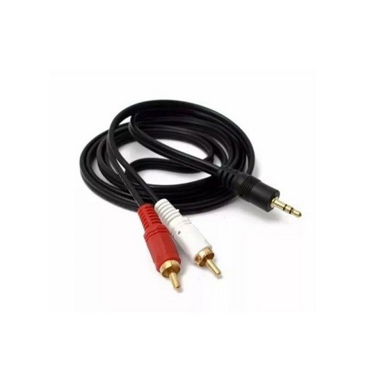 Cabo Auxiliar P2 ( 3.5MM ) Estéreo x 2 Plug RCA (Branco + Vermelho). Tamanho: 1,5 Metros.