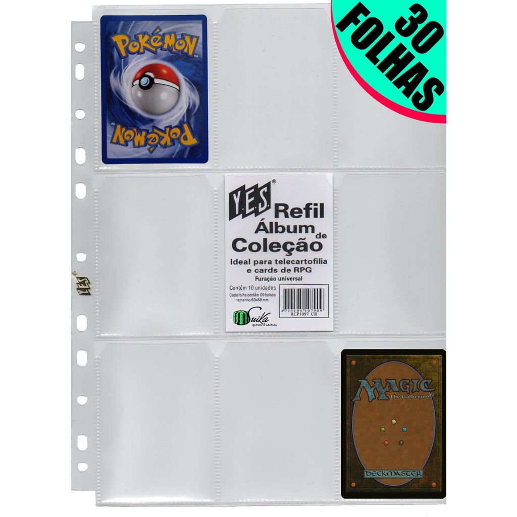 30 Folhas para Cards e Cartas para fichário pasta Álbum argola 11 Furos 9 Bolsos Pokémon Magic Yugioh RPG cardgame figurinhas coleção colecionável kpop futebol copa do mundo bts black pink dragon ball naruto