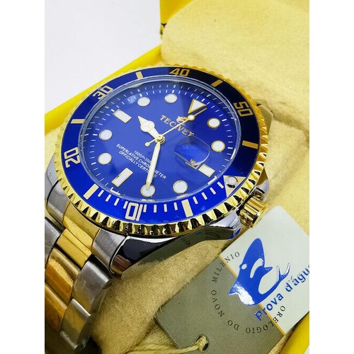 Relogio de luxo original Tecivet dourado/azul a prova dagua com caixa ...