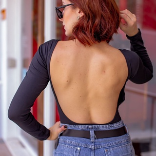 Body Manga Longa Preto - Aberto nas Costas
