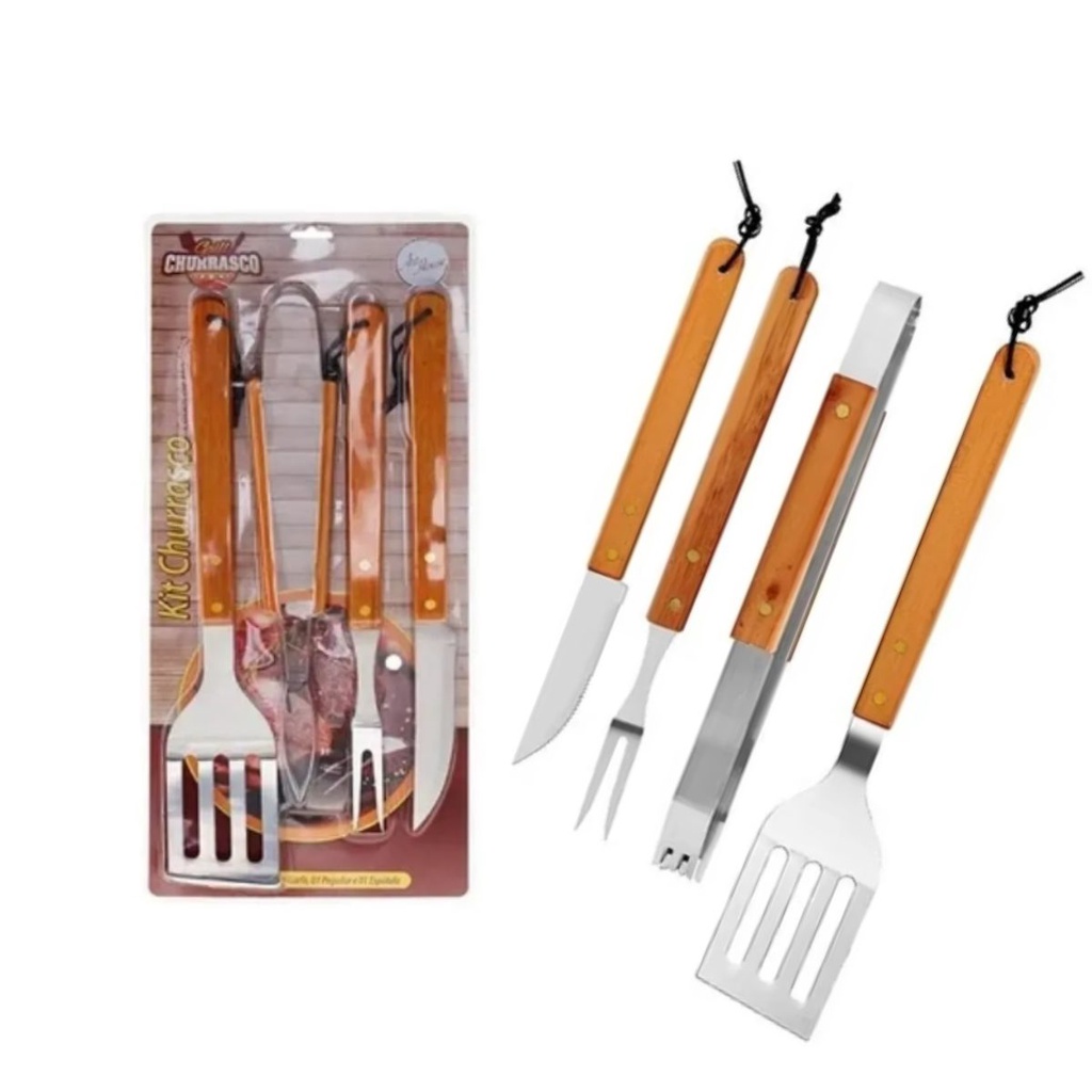 Kit Churrasco 4 Peças Cabo Longo Faca Pegador Garfo Espátula