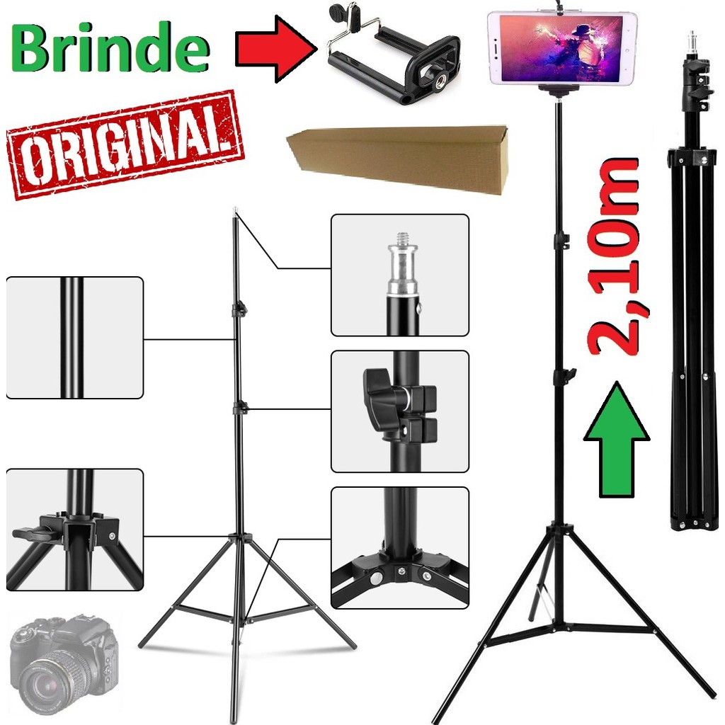 Tripé 2,10m Profissional Câmera Celular Telescópico Pedestal Robusto Para Iluminador Ring Light Suporte Vlog Foto Vídeo