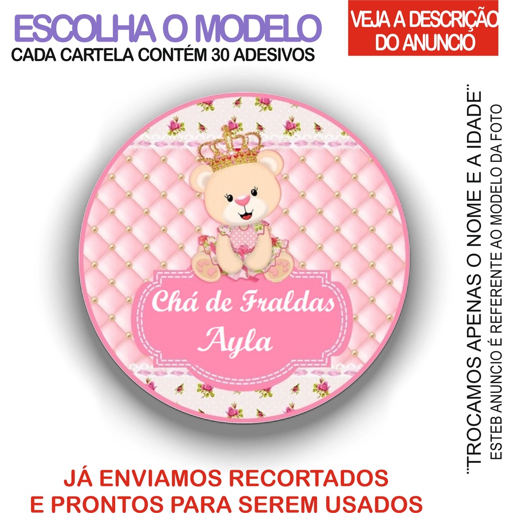 Adesivo Ursinha Princesa - 40 Adesivos/ Rótulos Personalizados 5x5cm -  Latinha ,Lembrancinha em Oferta na Shopee
