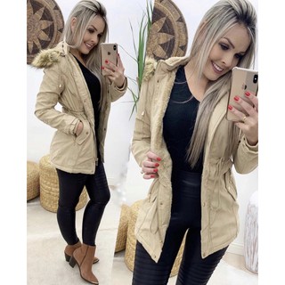 Casaco Parka De Sarja Feminino Blogueira Forrada Pelúcia Roupas Inverno